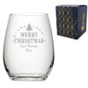 Personalised Engraved Novelty Christmas Stemless Wine Glass with Merry Christmas Tree Design, Customise with Any Name or Message