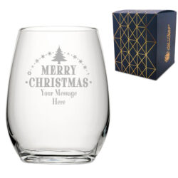 Personalised Engraved Novelty Christmas Stemless Wine Glass with Merry Christmas Tree Design, Customise with Any Name or Message