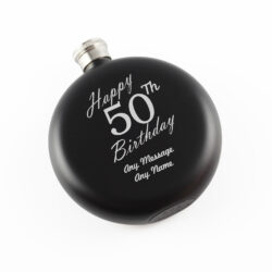 Engraved 5oz Round Black Hip Flask Happy 50th Birthday