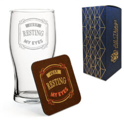 Engraved Pint Glass and Coaster Set, Resting My Eyes, Gift Boxed