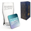 Engraved Pint Glass and Coaster Set, Stylish Happy Birthday, Gift Boxed