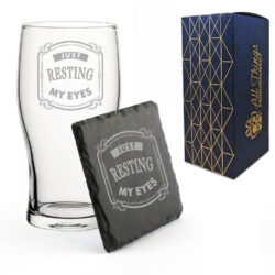 Engraved Pint Glass and Slate Coaster Set, Resting My Eyes, Gift Boxed