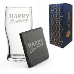Engraved Pint Glass and Slate Coaster Set, Stylish Happy Birthday, Gift Boxed