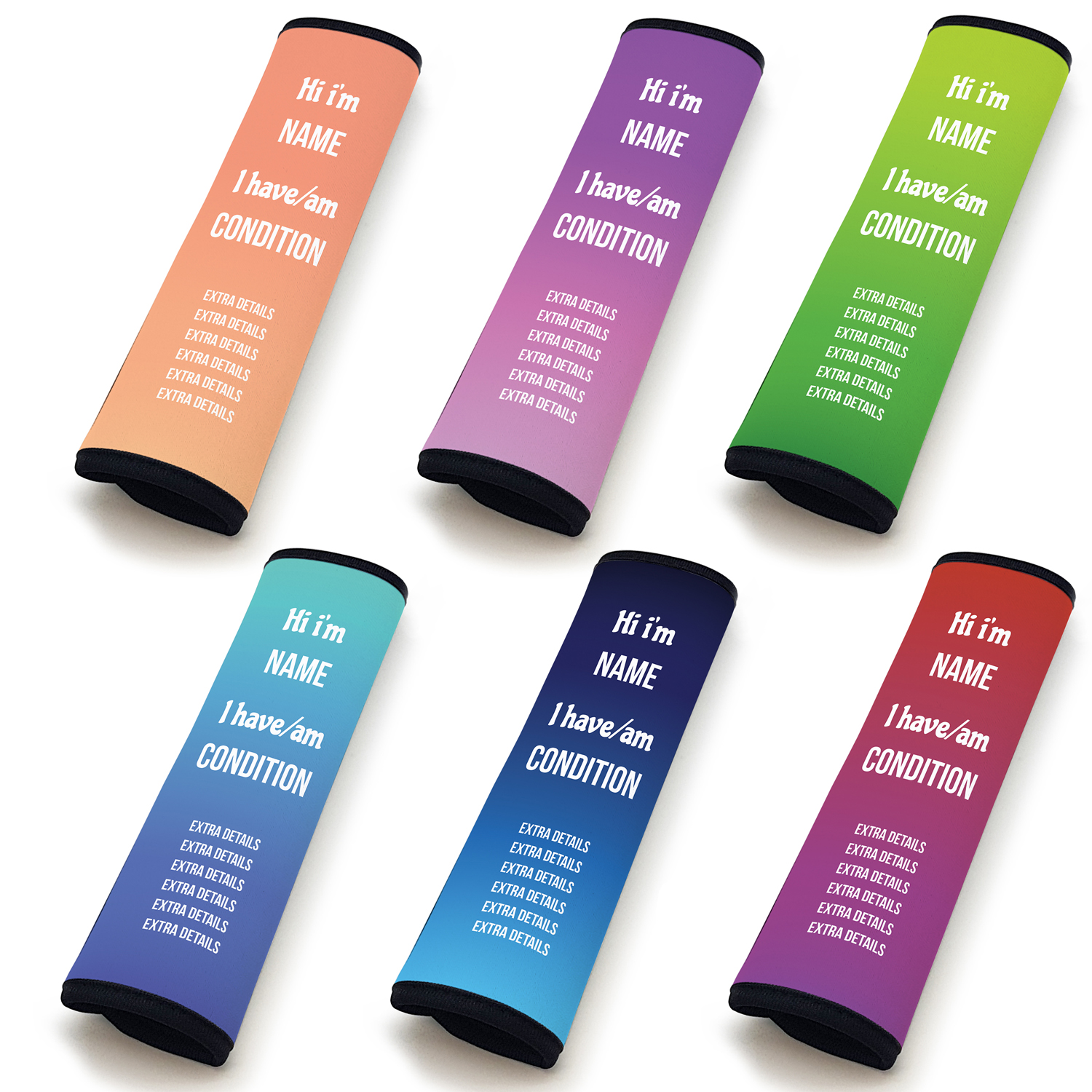 Personalised Seat Belt cover for medical conditions Horizontal text, rich colour background